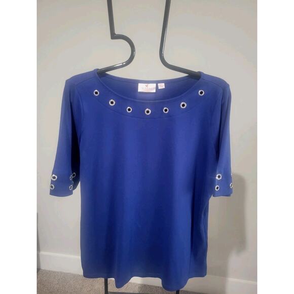 Quacker Factory Large Light Navy Gromet Detail Elbow Sleeve Top A684991 NWOT - Picture 2 of 11